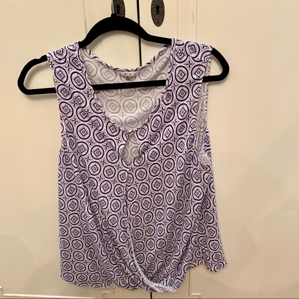 Cabi faux wrap white and blue sleeveless top XL